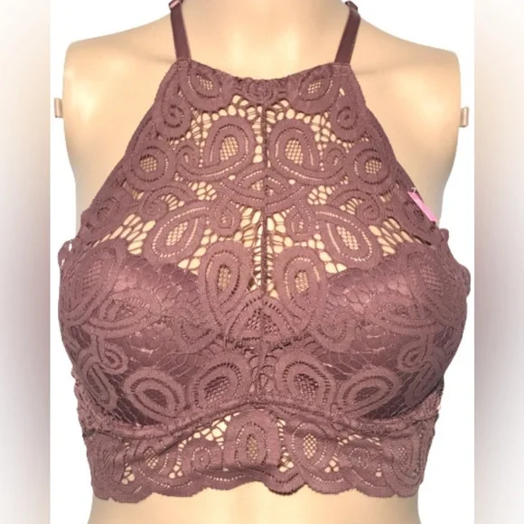 Pink by Victoria Secret Mauve Lace Size M Racerback Push Up Lace High Neck Bra - Picture 9 of 9